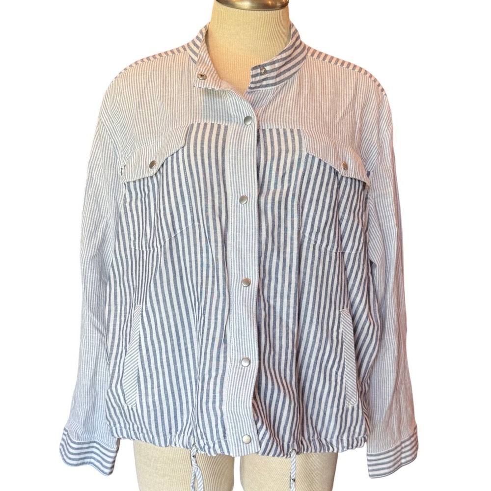 Chico's Striped Linen Blend Jacket Women's Size 3 (XLarge) Snap‎ Front Pockets